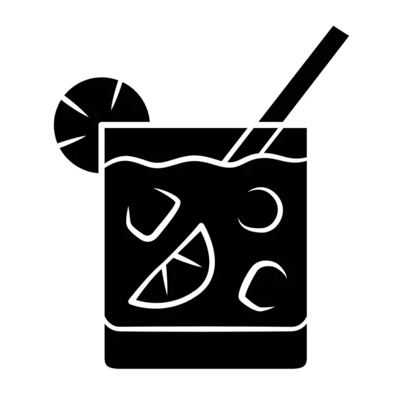 Cocktail no ícone de glifo de vidro lowball. Bebida fria do álcool no tumbler antiquado. Bebida mista com gelo, fatia de citrinos e palha. Símbolo da silhueta. Espaço negativo. Ilustração isolada do vetor —  Vetores de Stock