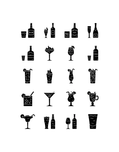 Dricker Glyph ikoner set. Alkohol meny kort. Drycker för cocktails. Whisky, Rom, vin, Martini, Margarita, Absinthe. Sprit som innehåller likörer. Siluettsymboler. Vektor isolerad illustration — Stock vektor