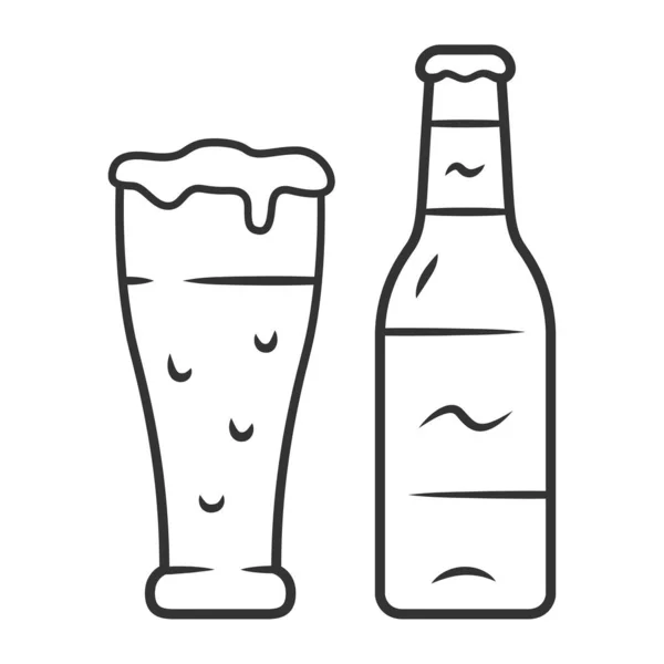 Beer linear icon. Uncorked bottle and glass of beverage. Bottled and draft lager. Alcoholic drink. Brewing. Pint of ale. Thin line illustration. Contour symbol. Vector isolated outline drawing — Stock Vector