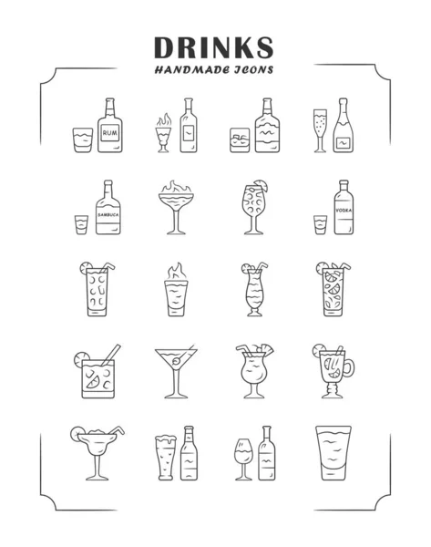 Boissons icônes linéaires ensemble. Carte de menu alcool. Boissons pour cocktails. Whisky, rhum, vin, martini, margarita, absinthe. Des liqueurs. Symboles de contour de ligne mince. Illustrations de contours vectoriels isolés — Image vectorielle