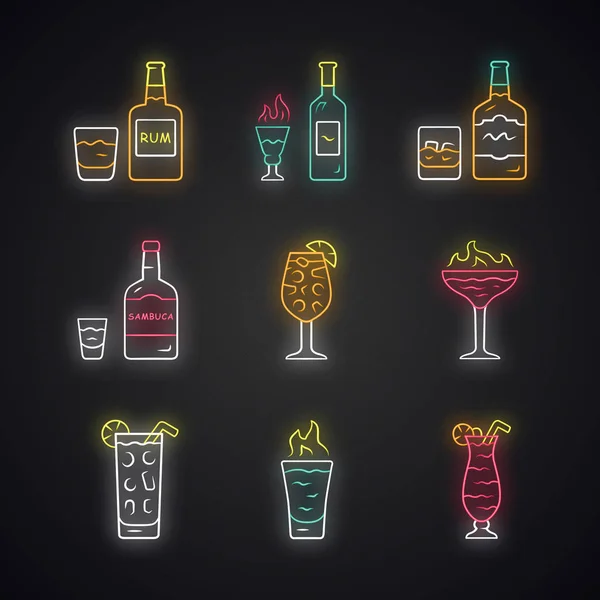 Conjunto de iconos de luces de neón de bebidas. Ron, ajenjo, whisky, sambuca, sa — Vector de stock