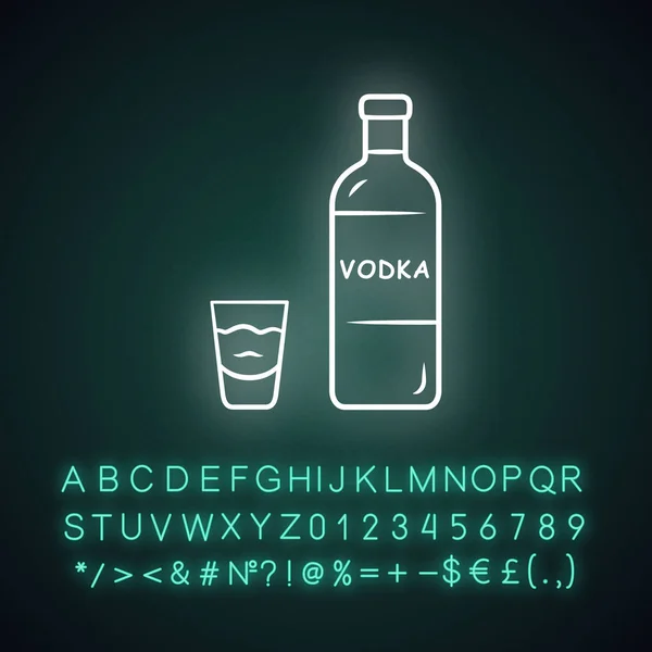 Wódka ikona Neon światło. Butelka i kieliszek z drinkiem. Wyczyść d — Wektor stockowy