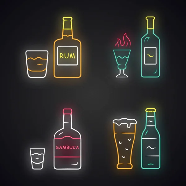 Boissons lumière au néon icônes ensemble. Rhum, absinthe, sambuca, bière. Bouteille — Image vectorielle