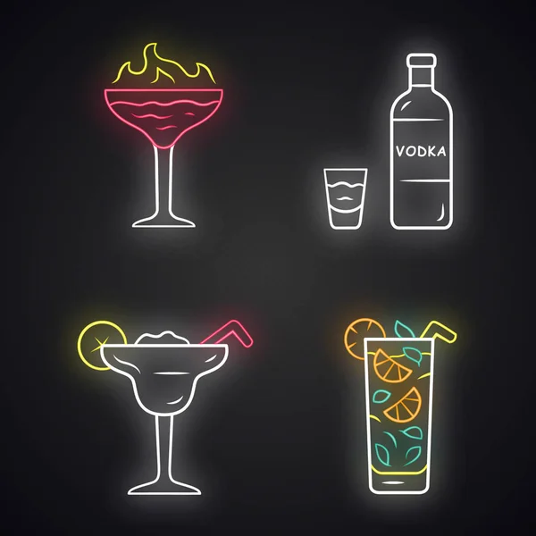 Getränke-Ikonen-Set aus Neonlicht. Flammenschuss, Margarita, Mojito, vo — Stockvektor