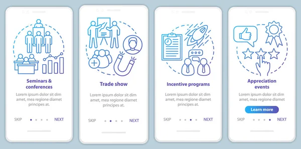 Corporate event management onboarding mobile app page screen with linear concepts. Seminars & conferences, incentive programs, appreciation events walkthrough instructions. UX, UI, GUI vector template