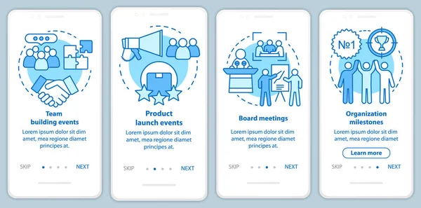 Corporate event management services onboarding mobile app page screen with linear concepts. Team building, product launch events walkthrough steps graphic instructions. UX, UI, GUI vector template