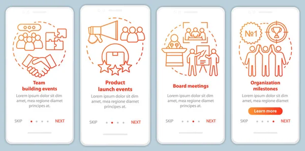 Corporate event management services onboarding mobile app page screen with linear concepts. Team building, product launch events walkthrough steps graphic instructions. UX, UI, GUI vector template