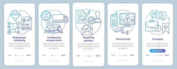 Planification d'événements embarquement écran de page d'application mobile avec des concepts linéaires. Étapes de budgétisation et de planification, d'organisation et de transport instructions graphiques. Modèle vectoriel UX, UI, GUI — Image vectorielle