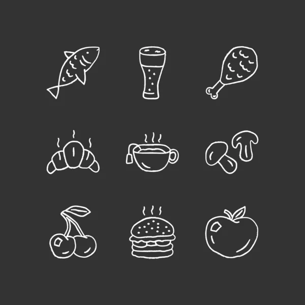 Set di icone in gesso per cibi e bevande. Burger, coscia di pollo e birra. Deliziose illustrazioni di lavagne vettoriali isolate per mangiare e bere. Pesce, ciliegia e mela. Croissant, tè caldo e funghi — Vettoriale Stock
