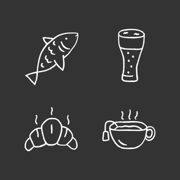 Conjunto de bebidas con aperitivos iconos de tiza. Pescado, vaso de cerveza, croissant — Vector de stock