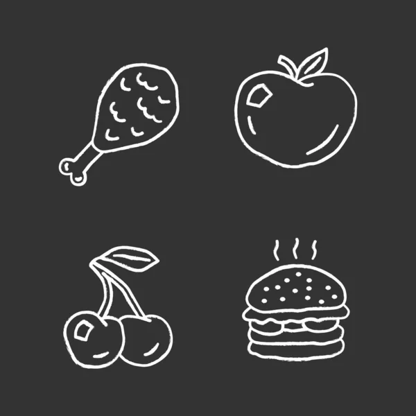Набор значков здорового и вредного питания мелом. Куриная ножка, спелое яблоко, вишня и бургер изолированные векторные иллюстрации доски. Нездоровая пища и органические закуски, натуральное и нездоровое питание — стоковый вектор