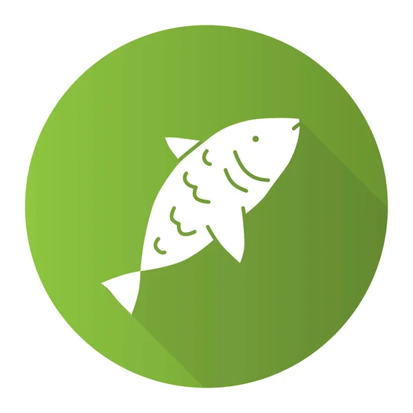 Çiğ balık yeşil düz tasarım uzun gölge glyph simgesi. Yüzgeçleri, solungaçları ve pulları vektör siluet illüstrasyon ile tuzlu su hayvan. Deniz mutfağı, balıkçılık sembolü. Lezzetli doğal deniz ürünleri, lezzetli yemek — Stok Vektör