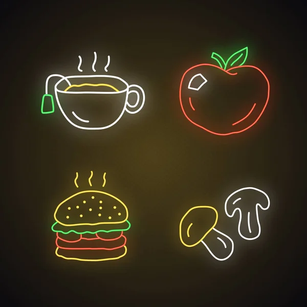 Delicioso almoço ícones de luz de néon definido. Pequeno-almoço saboroso, fast food — Vetor de Stock