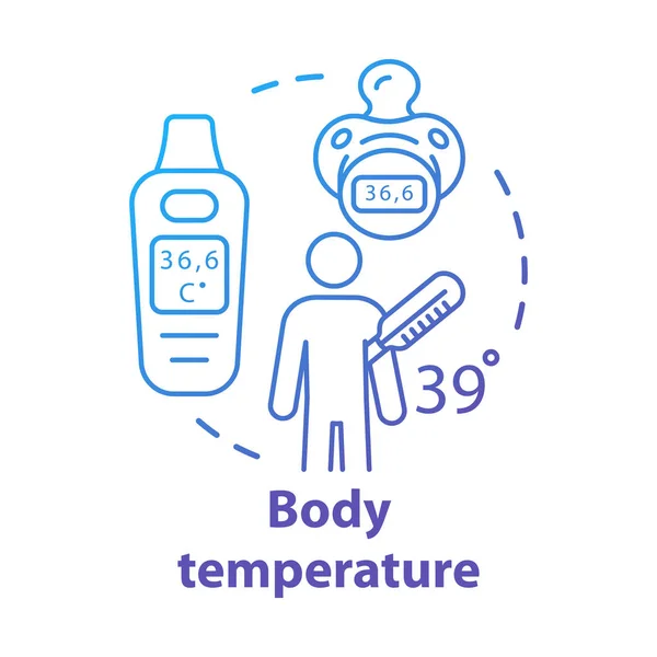 Pengukuran suhu tubuh ikon konsep gadget. Pasien memiliki ide demam garis tipis ilustrasi. Alat pengukur termometer elektronik untuk anak-anak. Vektor diisolasi garis luar gambar. Struk yang dapat diedit - Stok Vektor