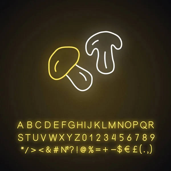 Essbare Pilz-Neonlicht-Ikone. Leuchtendes Zeichen mit Buchstabe, Zahl — Stockvektor