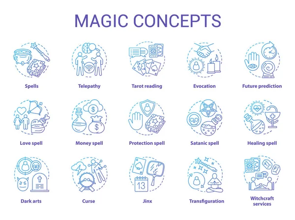 Icônes de concept magique ensemble. Idée d'occultisme, sorcellerie et sorcellerie — Image vectorielle