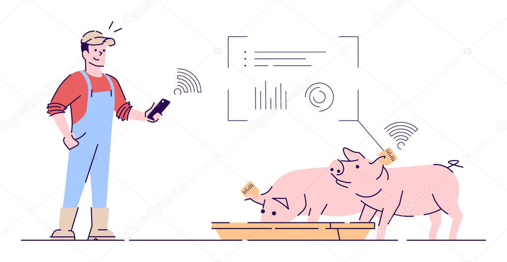 Smart livestock farm flat vector illustration. Pigs tracking system cartoon concept with outline. Animal feeding sensor. Iot technology in piglet rearing, husbandry farming. Farmer isolated character