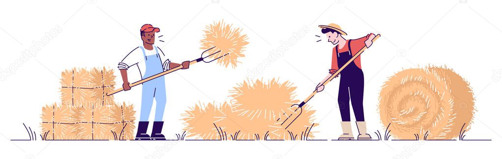 Farmers stacking hay with pitchfork flat vector character. Autumn harvest concept with outline. African american farm worker making haybales. Agricultural work. Hay harvesting  cartoon illustration