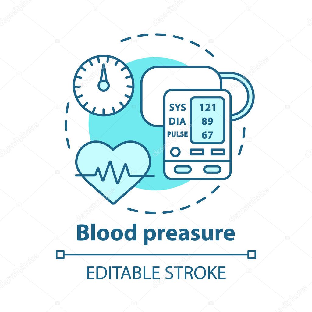 Blood pressure control device concept icon. Heart condition monitoring idea thin line illustration. Electronic manometer with display. Vector isolated outline drawing. Editable stroke