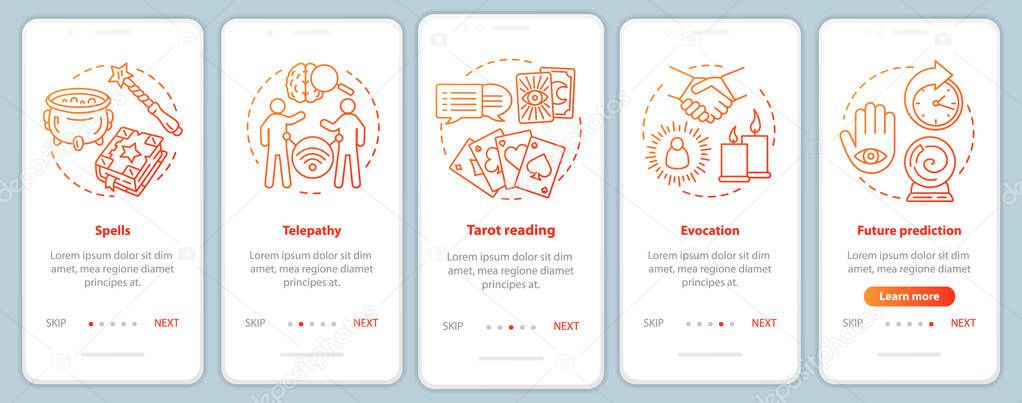 Magic services onboarding mobile app page screen vector template. Telepathy, tarot reading walkthrough website steps with linear illustrations. UX, UI, GUI smartphone interface concept