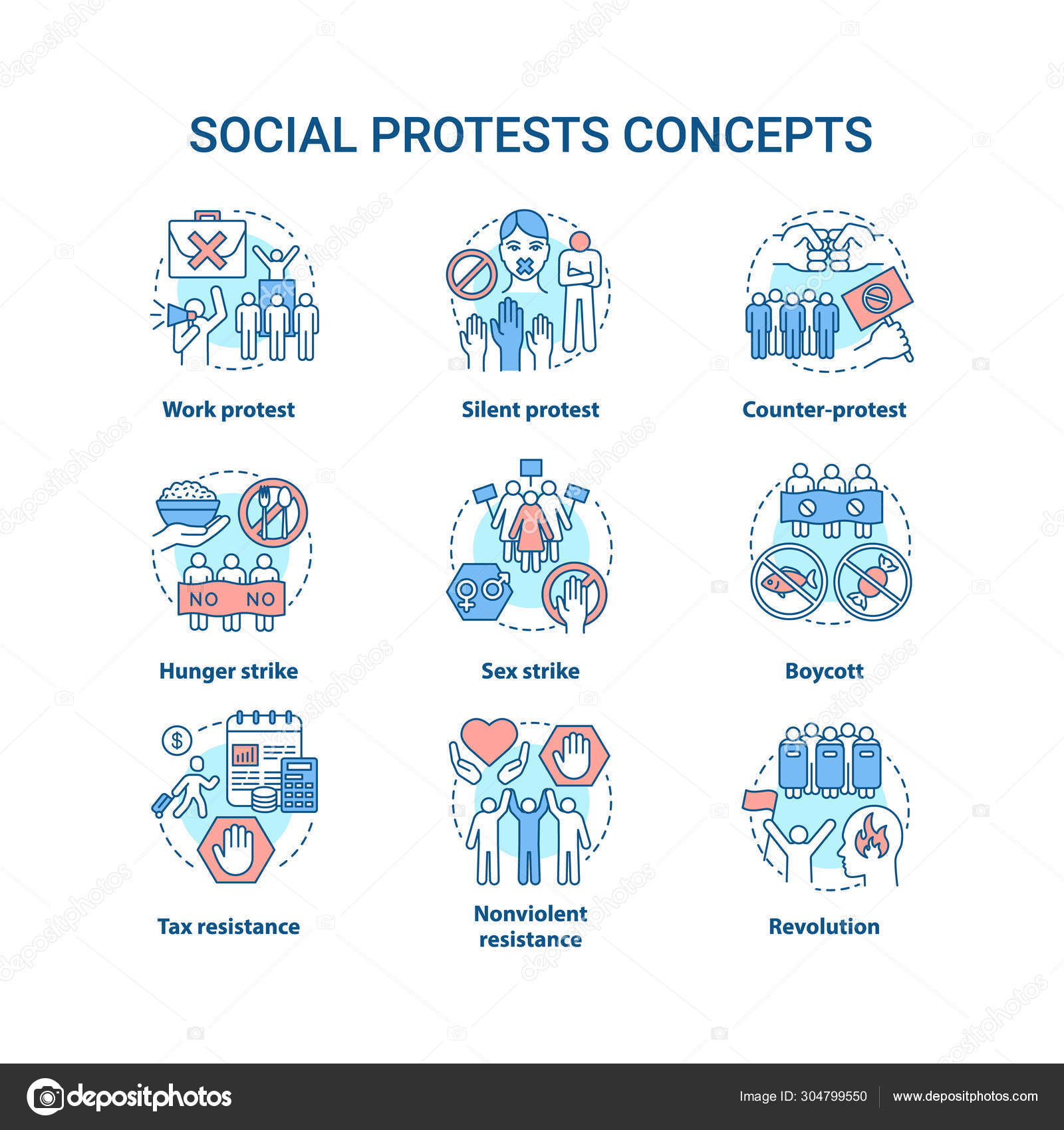 社会抗议概念图标设置。公众示威，公民不服从思想细线插图。政治抵抗、罢工和抵制矢量孤立轮廓图。可编辑描边图库矢量图©IMG visuals icons  304799550, image size:1600x1700