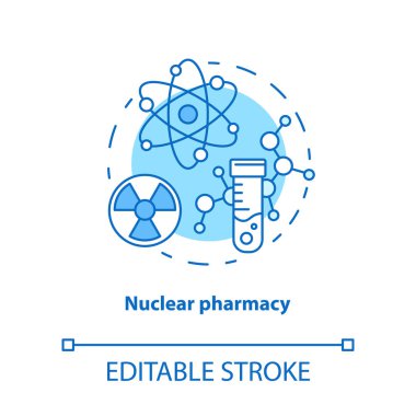 Eczane konsept simgesi. Nükleer ilaç fikri ince çizgi illüstrasyon. Radyoaktif element araştırması. Kemoterapi ve radyoaktif ilaçlar. Vektör yalıtılmış anahat çizimi. Kullanılabilir kontur