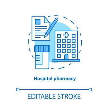 Hastane eczane konsept simgesi. İlaç fikri ince çizgi illüstrasyon. Yoğun bakım ilaç tedavisi. Ambulatuar bakım reçetesi. Vektör yalıtılmış anahat çizimi. Kullanılabilir kontur