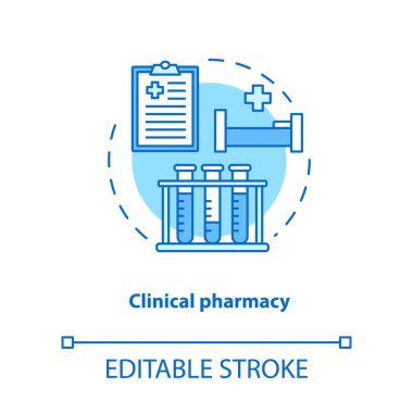 Klinik eczacılık konsept simgesi. Tıbbi laboratuvar testleri ve teşhis fikir ince çizgi illüstrasyon. Reçeteli ilaç hastane terapisi. Vektör yalıtılmış anahat çizimi. Kullanılabilir kontur