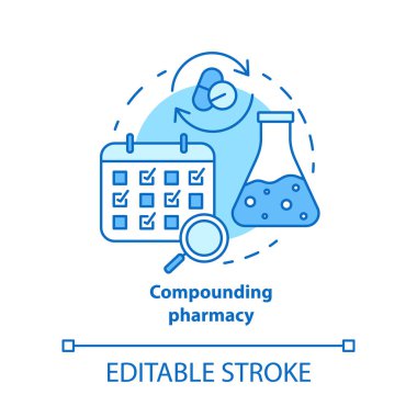 Bileşik eczane kavram simgesi. Kişiselleştirilmiş ilaçlar fikir ince çizgi illüstrasyon. İlaç tedavi programı. Uyuşturucu karıştırma, uyumluluk. Vektör yalıtılmış anahat çizimi. Kullanılabilir kontur