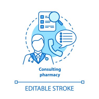 Danışmanlık eczane kavram simgesi. Doktor tıbbi danışma fikir ince çizgi illüstrasyon. Profesyonel eczacı. Reçete, ilaç tavsiyesi. Vektör yalıtılmış anahat çizimi. Kullanılabilir kontur
