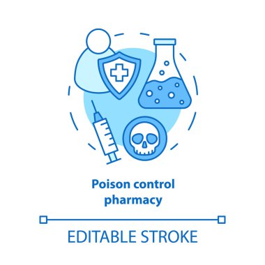 Eczane konsept simgesi. Zehirler kontrol farmakoloji şube fikir ince çizgi illüstrasyon. Zehirli element ve panzehir gelişimi. Vektör yalıtılmış anahat çizimi. Kullanılabilir kontur