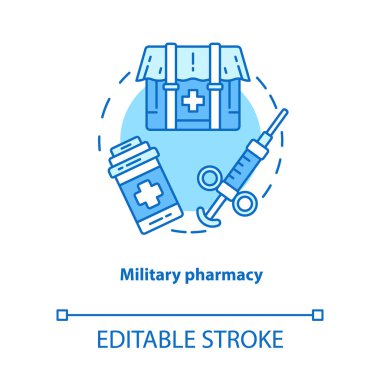 Eczane konsept simgesi. Askeri yara ve hastalık tedavi fikri ince çizgi illüstrasyon. Saha ilaçları. Savaş bölgesi tıbbı ve tıbbi ekipmanlar. Vektör yalıtılmış anahat çizimi. Kullanılabilir kontur