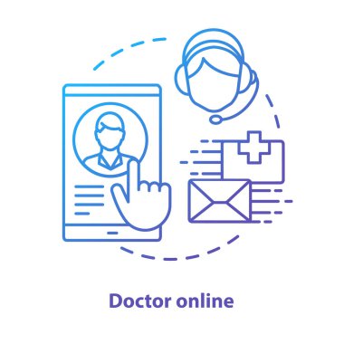 Doktor online konsept simgesi. Internet hekim hizmet fikri ince çizgi illüstrasyon. Klinik, hastane çağrı merkezi. Uzman akıllı telefon uygulaması messenger. Vektör yalıtılmış anahat çizimi