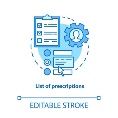 Reçeteler kavram simgesi listesi. Not, notlar fikir ince çizgi illüstrasyon. Online tıp organizatörü aracı. Günlük ilaç kullanımını takip edin. Vektör yalıtılmış anahat çizimi. Kullanılabilir kontur