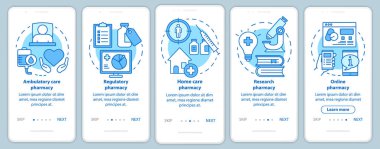 Doğrusal kavramlar ile ambulatuar ve evde bakım eczane mobil uygulama sayfası ekranında onboarding. Uyuşturucu araştırması. Beş geçiş adımı grafik yönergeleri. Ux, Ui, Gui vektör şablonu çizimleri ile