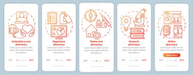 Ambulatuar ve evde bakım eczane mobil uygulama sayfası ekran vektör şablonu onboarding. Uyuşturucu araştırması. Doğrusal çizimler ile Walkthrough web sitesi adımları. Ux, Ui, Gui akıllı telefon arayüz konsepti