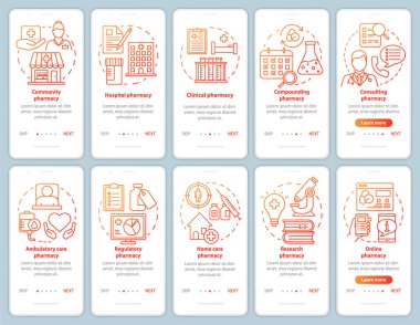 Eczane tipleri ve hizmetleri mobil uygulama sayfa ekran şablonu üzerinde. Hastane farmakolojisi. Doğrusal çizimler içeren web sitesi adımları. Ux, Ui, Gui akıllı telefon arayüzü konsepti