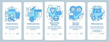 Eczane şube lineer kavramları ile mobil uygulama sayfa ekranı onboarding. Bakımevi ve pediatrik ilaç. Beş geçiş adımı grafik yönergeleri. Ux, Ui, Gui vektör şablonu çizimleri ile