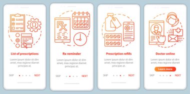 Reçete listesi ve online eczane onboarding mobil uygulama sayfası ekran vektör şablonu. Rx yedekler. Doğrusal çizimler ile Walkthrough web sitesi adımları. Ux, Ui, Gui akıllı telefon arayüz konsepti