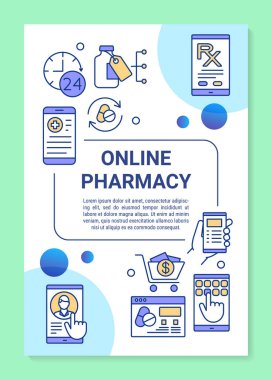 Eczane eshopping poster şablon düzeni. Online eczane danışmanı. Banner, kitapçık, doğrusal simgeler ile broşür baskı tasarımı. Dergiler için vektör broşür sayfa düzenleri, reklam el ilanları