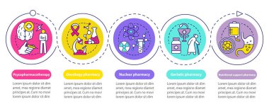 Eczane vektör bilgi şablonunu dallandırır. İş sunumu tasarım elemanları. Beş adım ve seçeneklerle veri görselleştirme. Zaman çizelgesi. Doğrusal simgelerle çalışma akışı düzeni