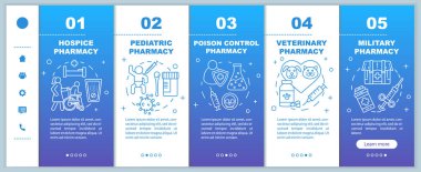 Pharmacy branches onboarding mobile web pages vector template. Hospice medicine. Responsive smartphone website interface idea with linear illustrations. Webpage walkthrough step screen. Color concept