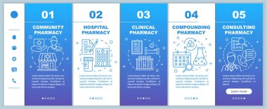 Pharmacy types, branches onboarding mobile web pages vector template. Responsive smartphone website interface idea with linear illustrations. Webpage walkthrough step screens. Color concept