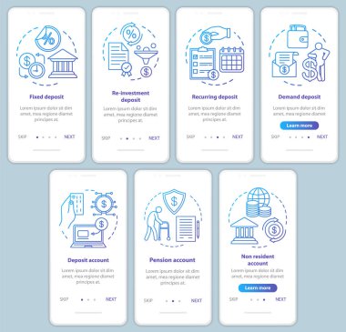 Tasarruf, mobil uygulama sayfa ekran şablonu üzerine depozito yatırımı. Farklı mevduat tipleri. Doğrusal çizimler ayarlanmış web sitesi adımları. Ux, Gui akıllı telefon arayüzü kavramı