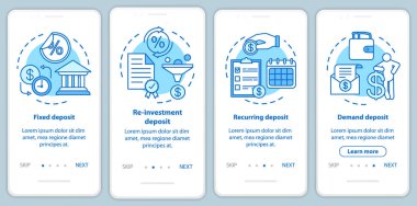 Tasarruf, doğrusal kavramlar ile mobil uygulama sayfa ekranında mevduat yatırım. Farklı para yatırma türleri. Dört geçiş adımı grafik yönergeleri. Ux, Ui, Gui vektör şablonu çizimleri ile