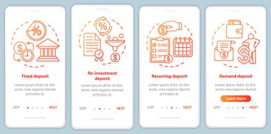 Tasarruf, mobil uygulama sayfası ekran vektör şablonu onboarding mevduat yatırım. Farklı para yatırma türleri. Doğrusal çizimler ile Walkthrough web sitesi adımları. Ux, Ui, Gui akıllı telefon arayüz konsepti