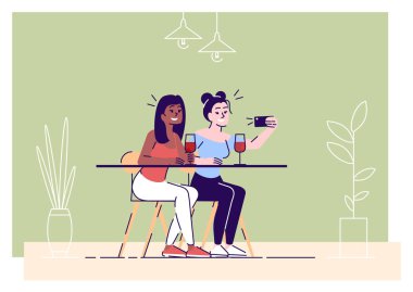 Selfie düz vektör illüstrasyon. Kafede kendi portresini çeken iki genç kadın. Arkadaşlar bir kadeh şarap içiştiriler. Genç kızlar arka planda telefon kamerası izole çizgi film karakteri fotoğraf yapma