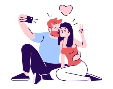 Çift selfie düz vektör illüstrasyon. Adam akıllı telefon fotoğrafı için kızı öpüyor. Beyaz arka planda izole çizgi film karakteri kalma otoportre yapma aşk erkek ve kadın