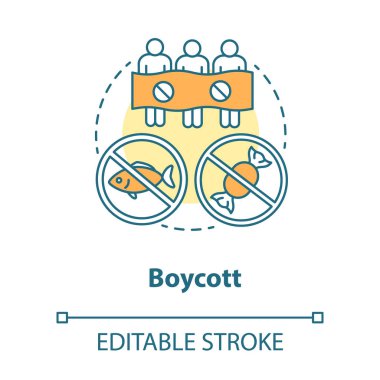Boykot kavram simgesi. Kamu gösteri, ürün çekimser, tüketici aktivizm fikri ince çizgi illüstrasyon. Protestocular, afiş vektörü ile aktivistler izole anahat çizim. Kullanılabilir kontur