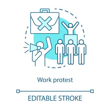 İş protesto kavram simgesi. Sosyal gösteri, işçi sendikası grevi, komünizm fikri ince çizgi illüstrasyon. Kızgın işçiler, megafon vektörü ile protestocular izole anahat çizim. Kullanılabilir kontur